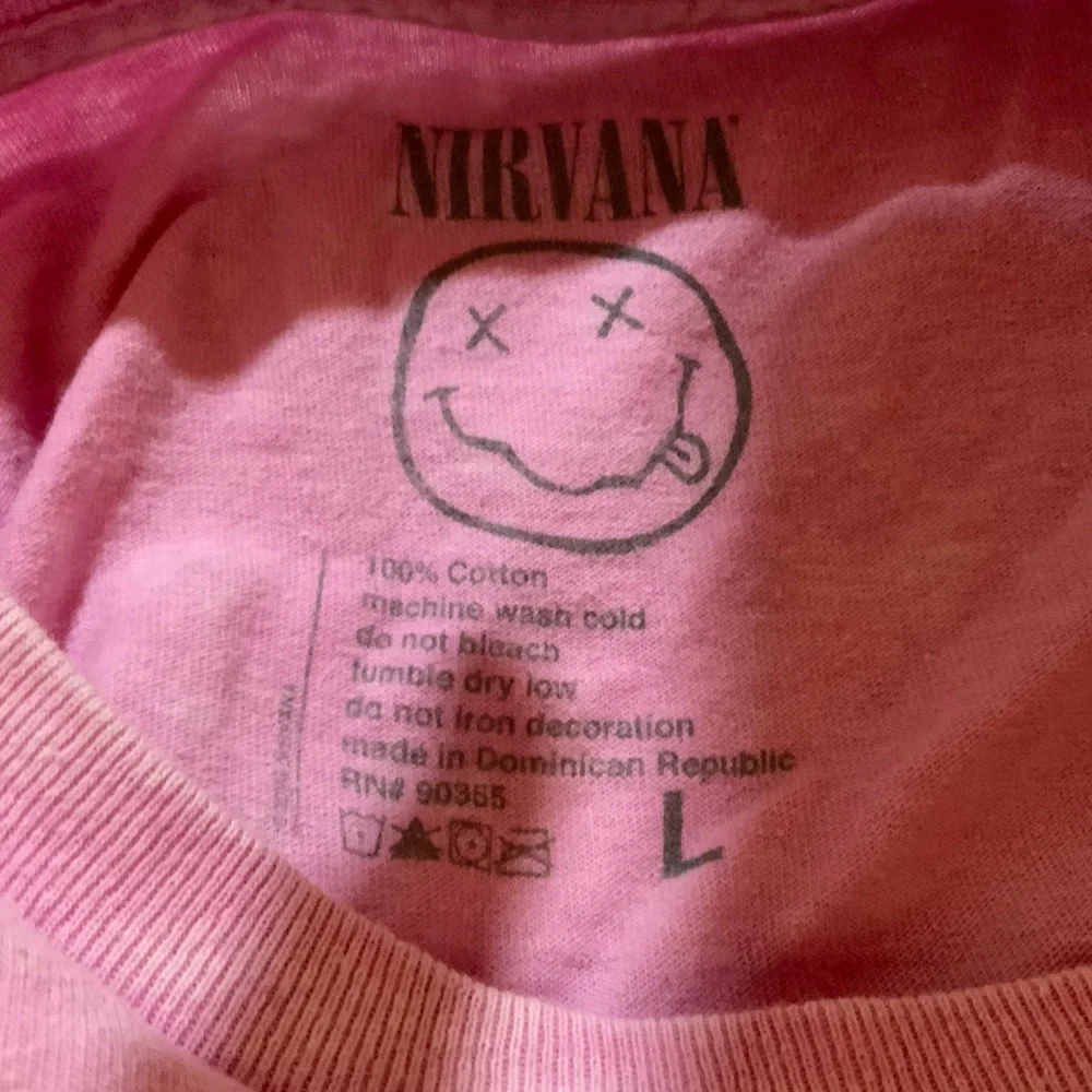Nirvana Graphic T-Shirt Pink Acid Wash Smiley Face Logo Mens Short Sleeve Tee L - Picture 3 of 4